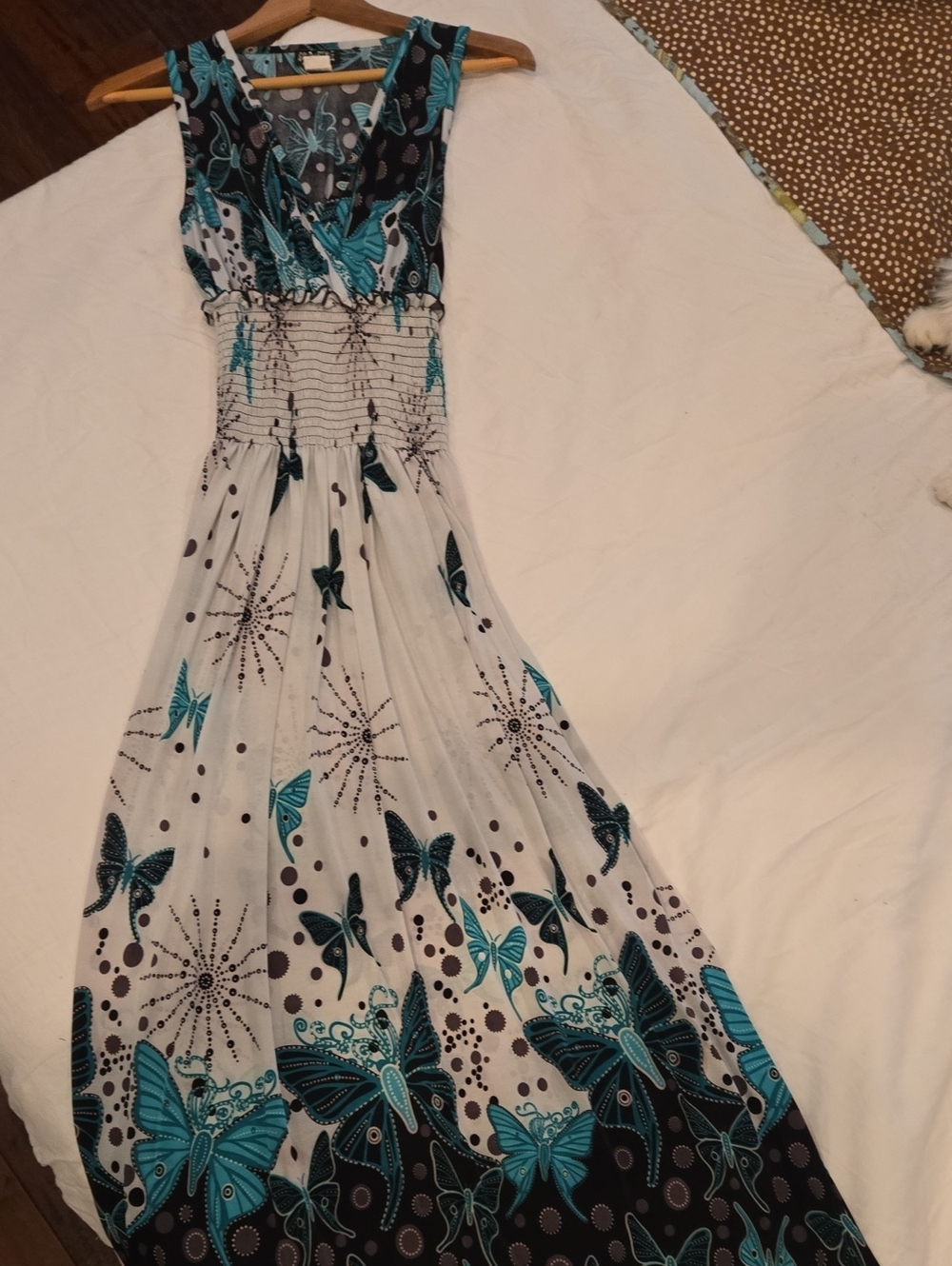 Sleeveless Teal Butterfly Print Maxi Dress with Smocked Waist